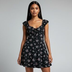 Ultra Flirt Black Floral Stretch Fit and Flare Pull On Babydoll Dress